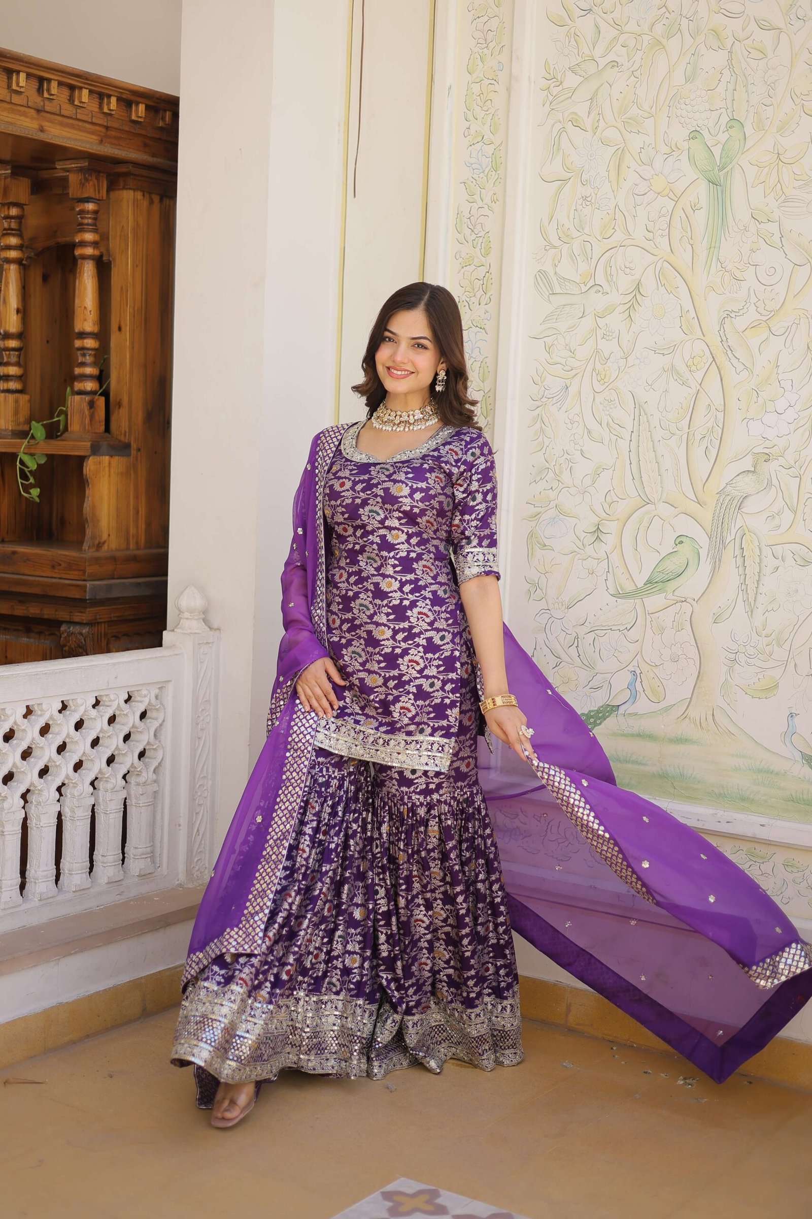 Purple Faux Blooming Sequins Embroidered Sharara Set with Matching Dupatta ? Festive & Party Wear 2024 - Image 4
